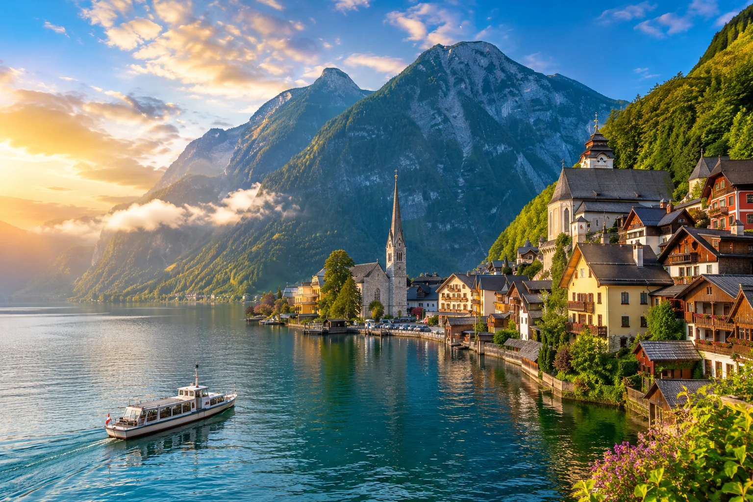 Scenic European lakeside town with mountains and historic architecture representing study opportunities and quality of life in Europe for international students.