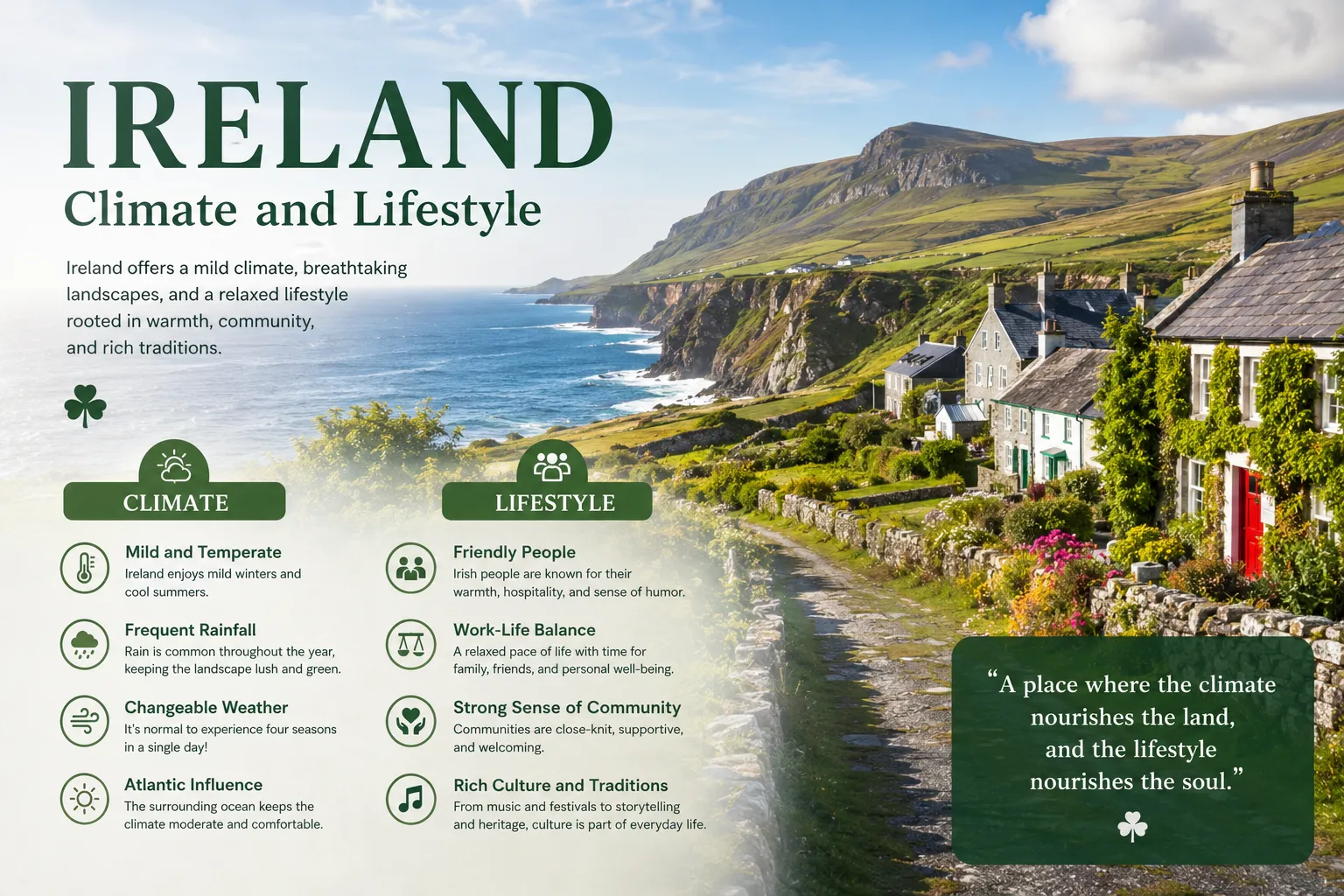 Ireland climate and lifestyle featuring lush green countryside, coastal cliffs, traditional homes, and scenic ocean views.