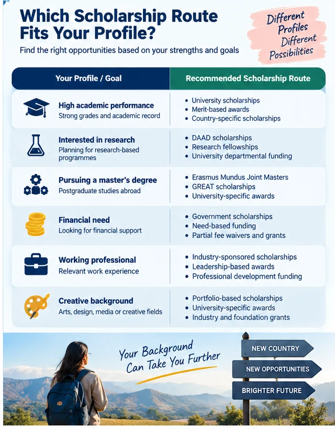 Scholarship routes for Indian students based on academic performance, research interests, master’s study, financial need, work experience, and creative background.